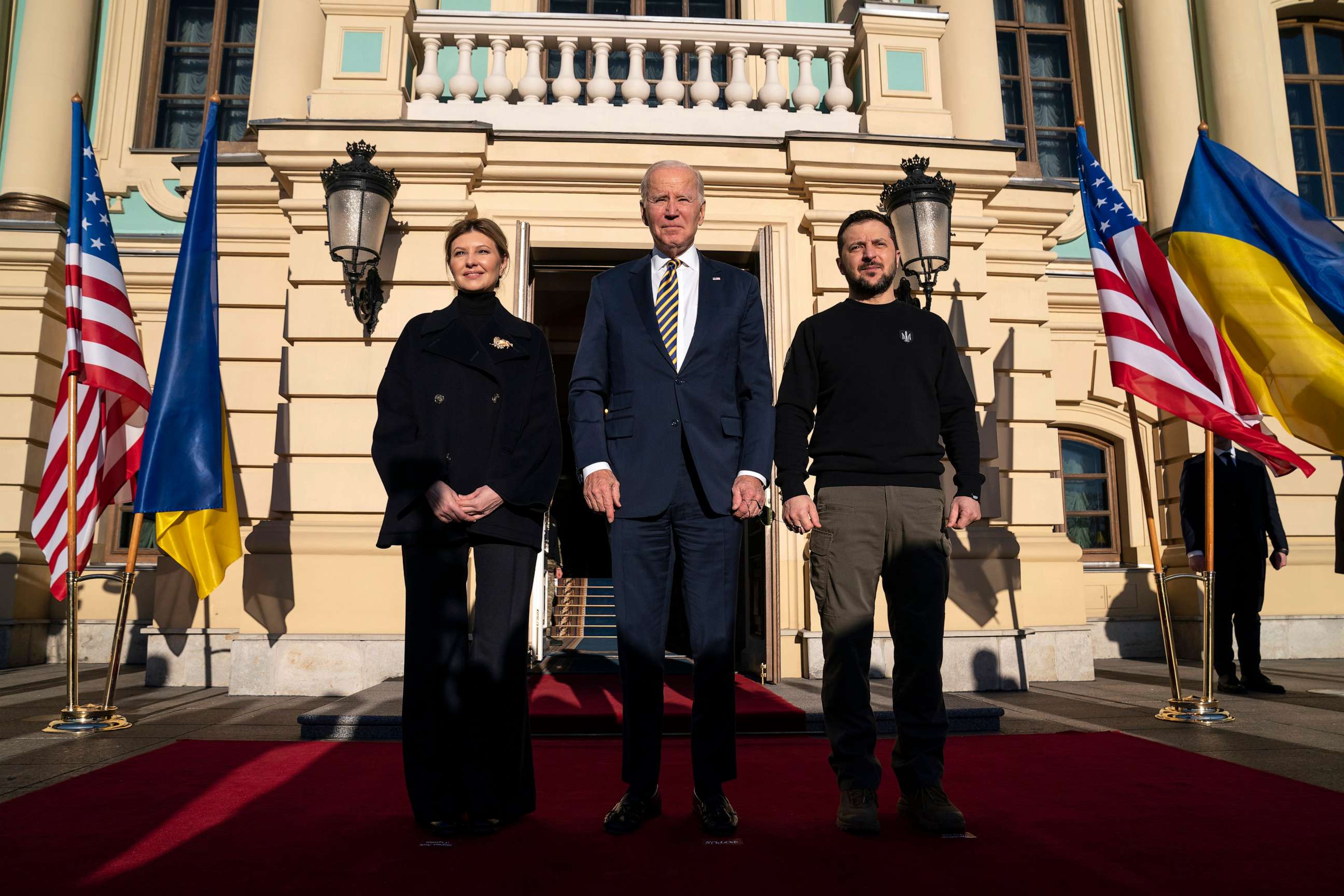 PHOTO: President Joe Biden, center, poses with Ukrainian President Volodymyr Zelenskyy, right, and Olena Zelenska, left, spouse of President Zelenskyy, at Mariinsky Palace during an unannounced visit in Kyiv, Ukraine, Monday, Feb. 20, 2023.