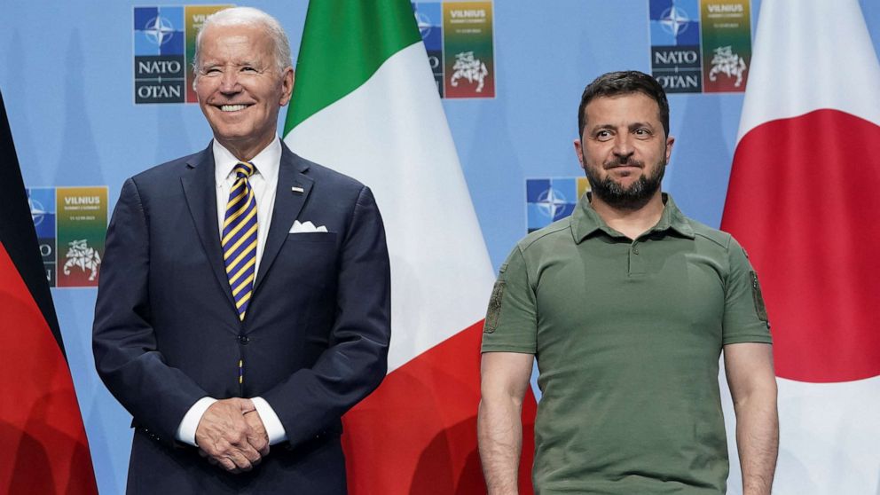 PHOTO: President Joe Biden and Ukraine's President Volodymyr Zelenskyy attend an event with G7 leaders to announce a joint declaration of support for Ukraine, as the NATO summit is held in Vilnius, Lithuania, July 12, 2023.