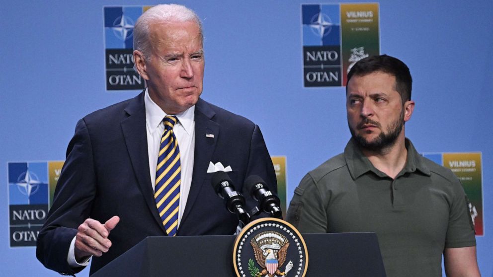 PHOTO: President Joe Biden speaks alongside Ukrainian President Volodymyr Zelenskyy during a G7 declaration of joint support for Ukraine, July 12, 2023, in Vilnius, Lithuania.