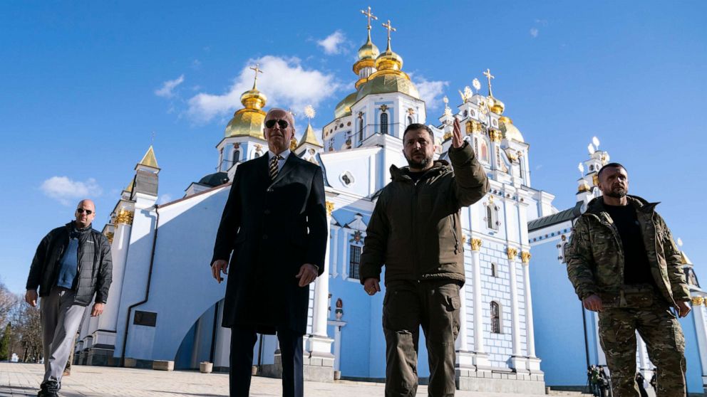 PHOTO: President Joe Biden walks with Ukrainian President Volodymyr Zelenskyy at St. Michael's Golden-Domed Cathedral during an unannounced visit, in Kyiv, Ukraine, Monday, Feb. 20, 2023.