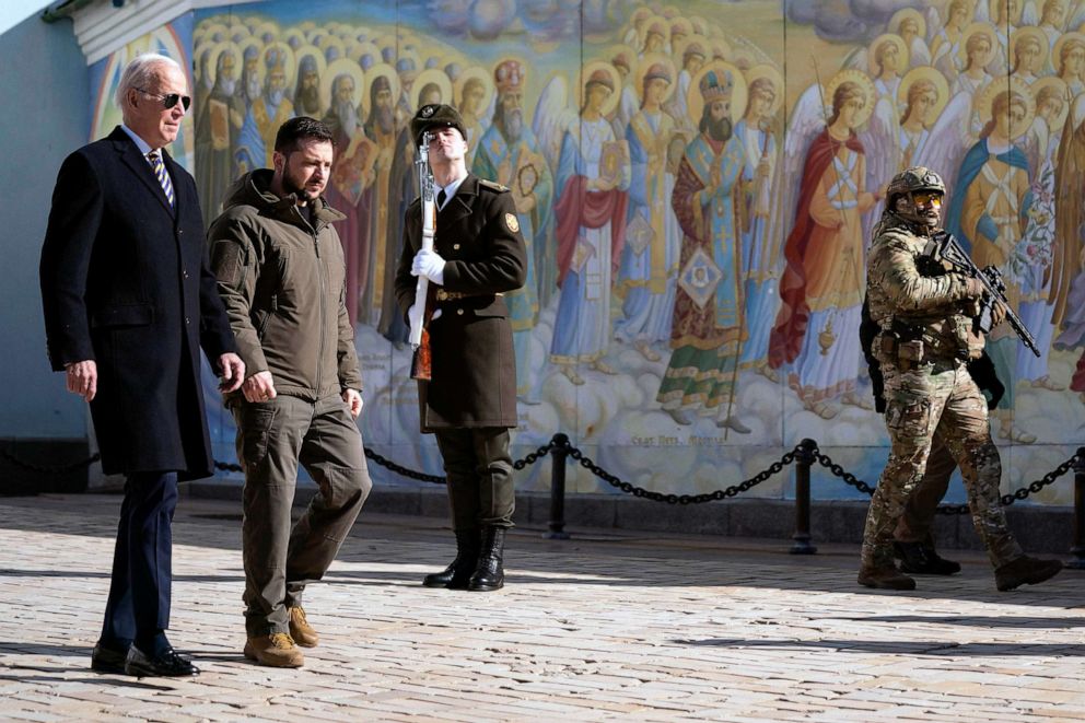 PHOTO: President Joe Biden walks with Ukrainian President Volodymyr Zelenskyy at St. Michaels Golden-Domed Cathedral during an unannounced visit, in Kyiv, Ukraine, Feb. 20, 2023.