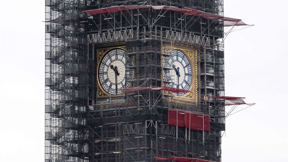 PHOTO: A part of the clock tower has been revealed for the first time since restoration work began in 2017. And it shows a mostly blue face (replacing black). 