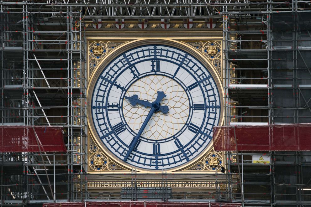 PHOTO: A part of the clock tower has been revealed for the first time since restoration work began in 2017. And it shows a mostly blue face (replacing black). 