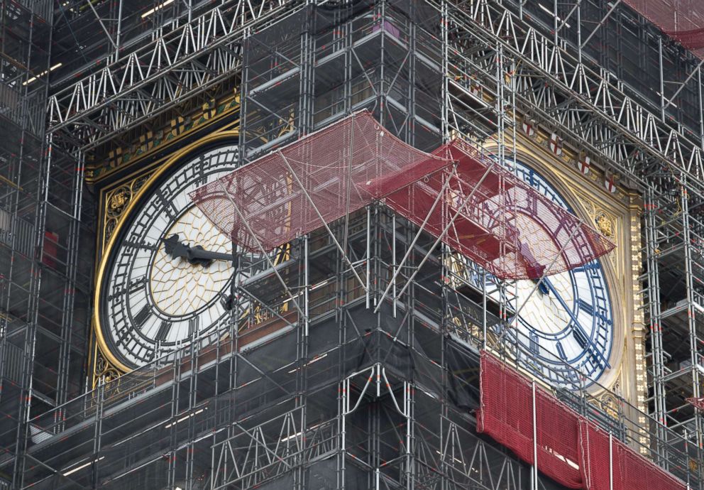 PHOTO: A part of the clock tower has been revealed for the first time since restoration work began in 2017. And it shows a mostly blue face (replacing black). 