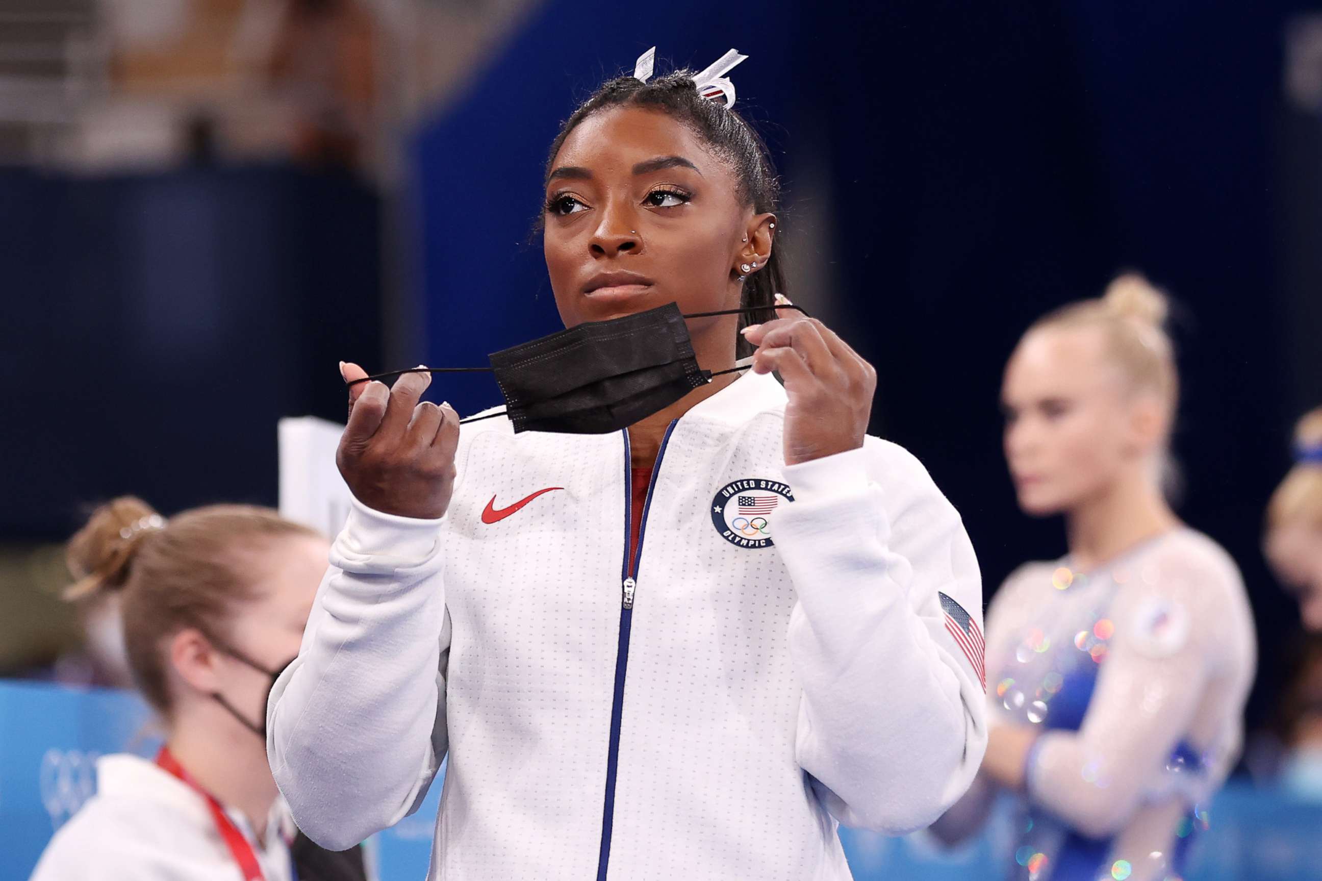 PHOTO: Simone Biles of Team United States looks on during the Women's Team Final on day four of the Tokyo 2020 Olympic Games at Ariake Gymnastics Centre on July 27, 2021 in Tokyo, Japan.