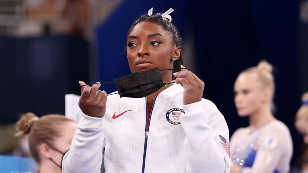 PHOTO: Simone Biles of Team United States looks on during the Women's Team Final on day four of the Tokyo 2020 Olympic Games at Ariake Gymnastics Centre on July 27, 2021 in Tokyo, Japan.