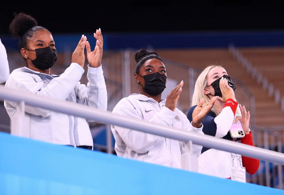 PHOTO: Jordan Chiles, Simone Biles and Mykayla Skinner of the United States react during the medal ceremony were teammate Sunisa Lee won the gold on July 29, 2021 in Tokyo.