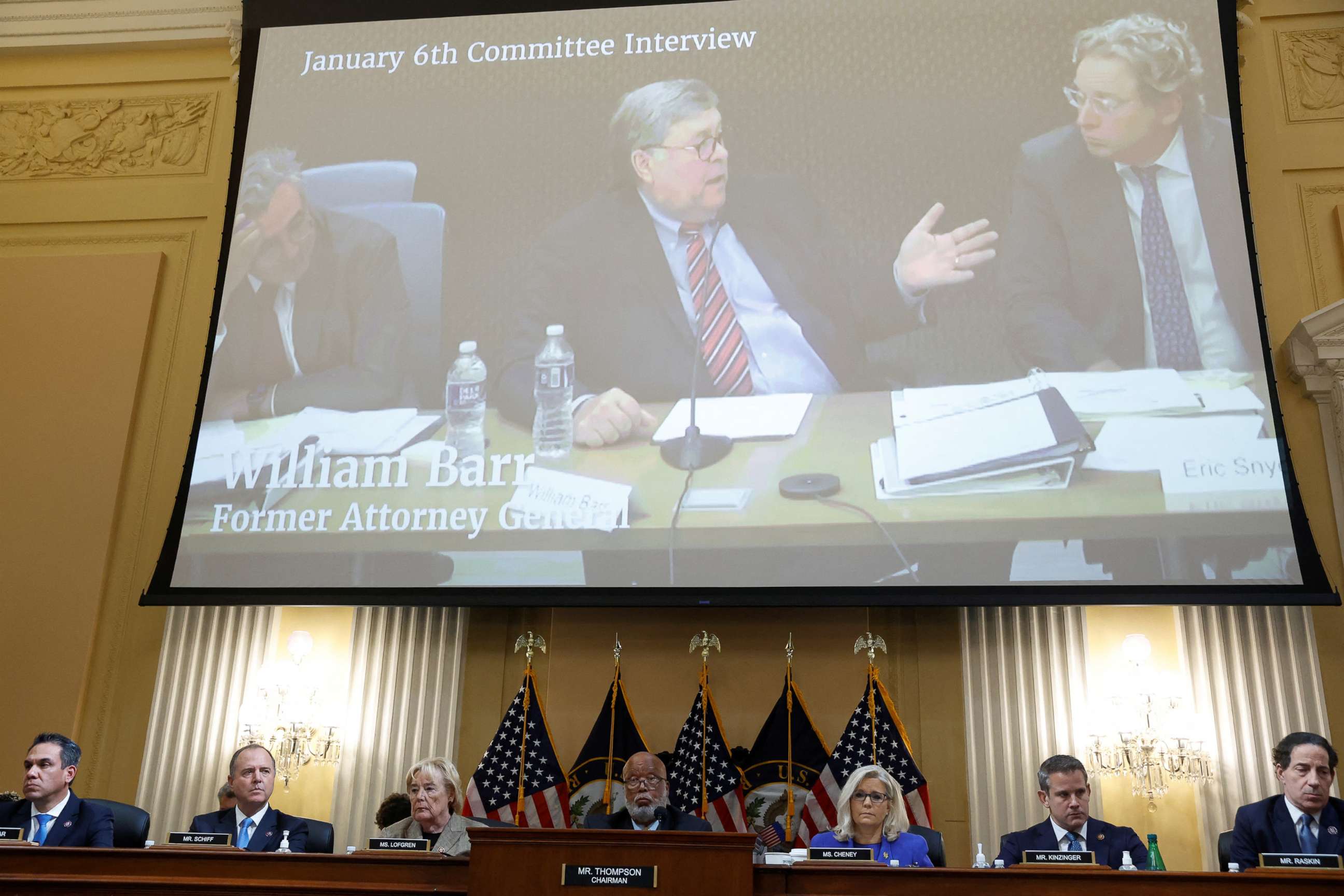 PHOTO: Former U.S. Attorney General Bill Barr is seen on video during his deposition for the public hearing of the U.S. House Select Committee to Investigate the January 6 Attack on the United States Capitol, on Capitol Hill in Washington, June 9, 2022.