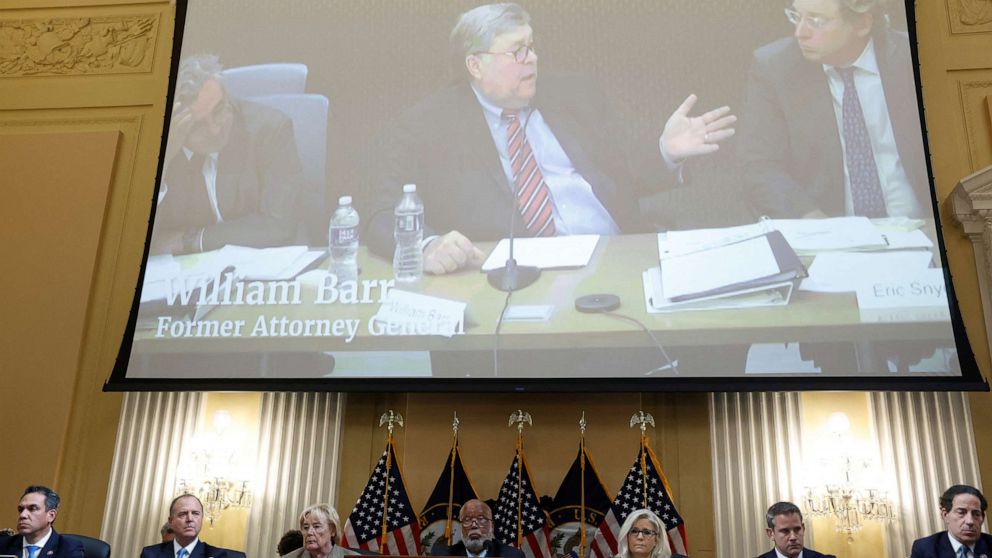 PHOTO: Former U.S. Attorney General Bill Barr is seen on video during his deposition for the public hearing of the U.S. House Select Committee to Investigate the January 6 Attack on the United States Capitol, on Capitol Hill in Washington, June 9, 2022.