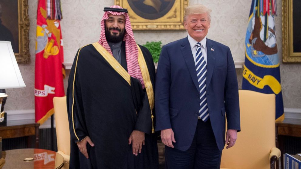PHOTO: President Donald Trump poses for a photo with Crown Prince Mohammed bin Salman Al Saud of Saudi Arabia in the Oval Office at the White House, March 20, 2018, in Washington.