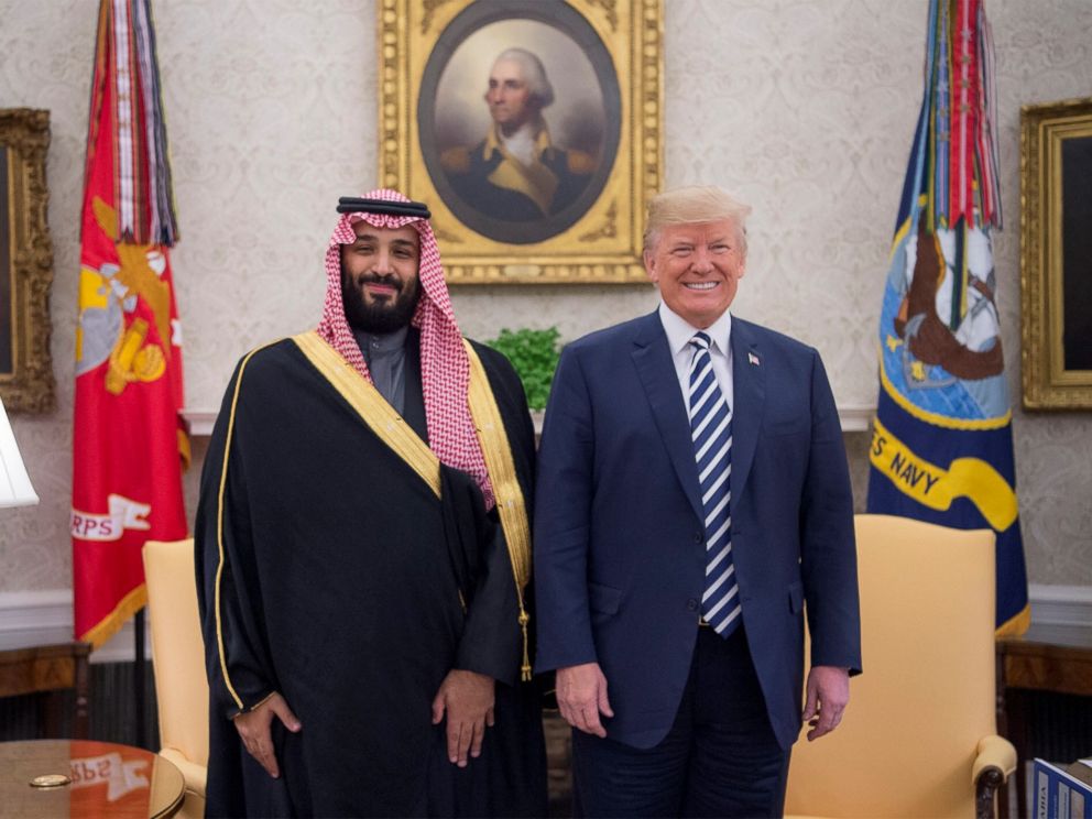 PHOTO: President Donald Trump poses for a photo with Crown Prince Mohammed bin Salman Al Saud of Saudi Arabia in the Oval Office at the White House, March 20, 2018, in Washington.