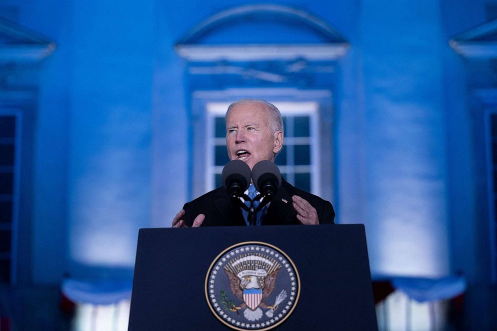 PHOTO: President Joe Biden speaks outside the Royal Castle about the Russian war in Ukraine, on  March 26, 2022, in Warsaw, Poland.