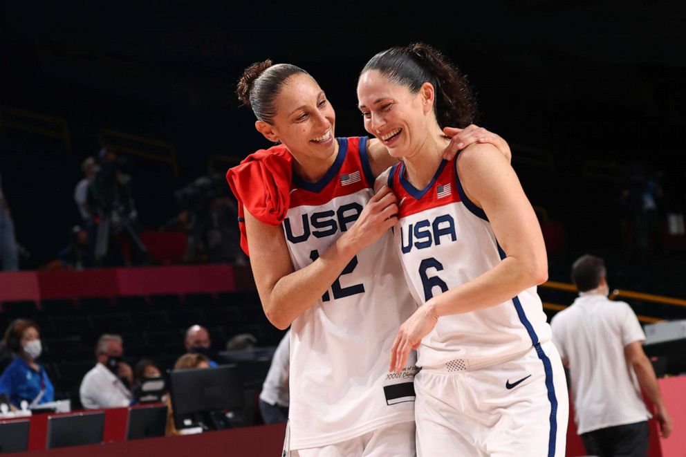 PHOTO: Sue Bird of the United States and Diana Taurasi of the United States celebrate after winning the gold medal match against Japan on Aug. 8, 2021 in Saitama, Japan.