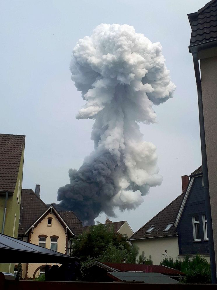 PHOTO: Smoke billows following an explosion in Wiesdorf, Leverkusen, Germany, July 27, 2021.