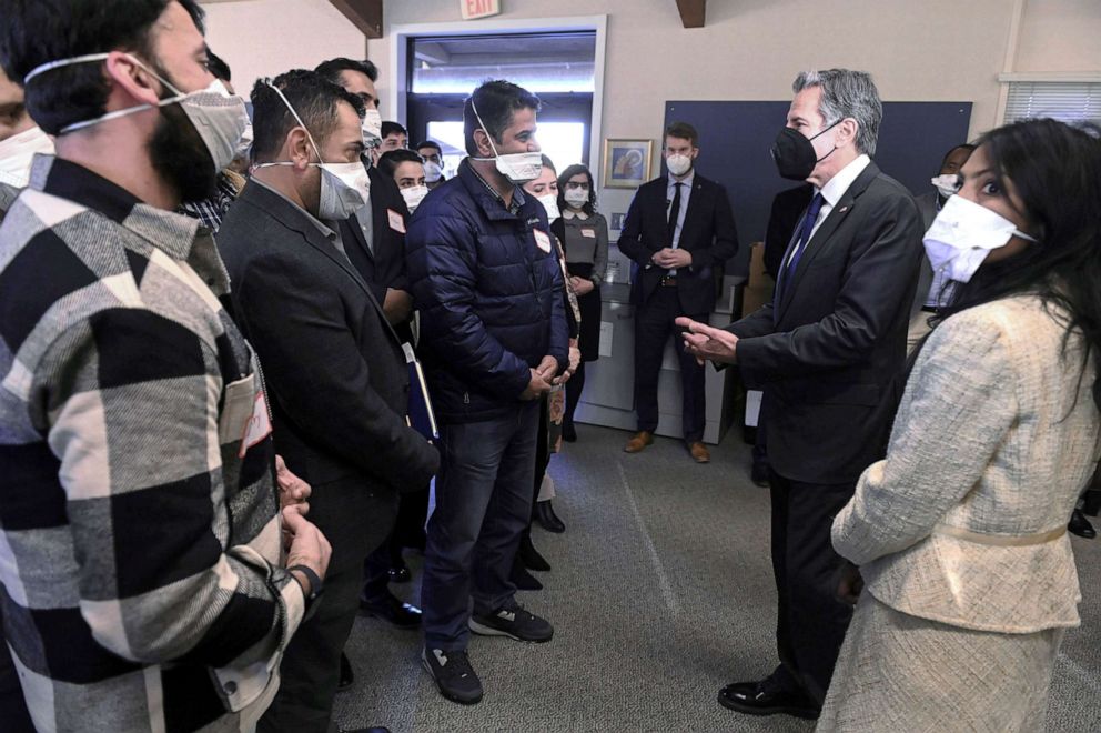 PHOTO: Secretary of State Anthony Blinken meets with recently resettled Afghans and with staff members and volunteers from local refugee resettlement agencies at the Lutheran Immigration and Refugee Service in Alexandria, Va., Dec. 20, 2021.