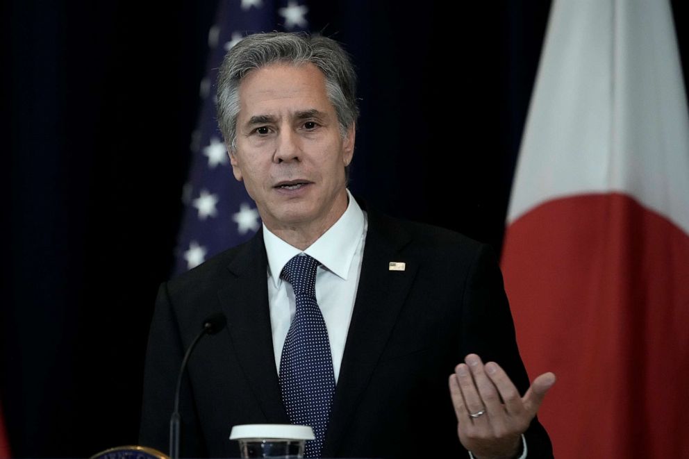 PHOTO: Secretary of State Antony Blinken speaks during a news conference after meeting with top Japanese Ministers at the U.S. State Department, on July 29, 2022, in Washington, D.C.