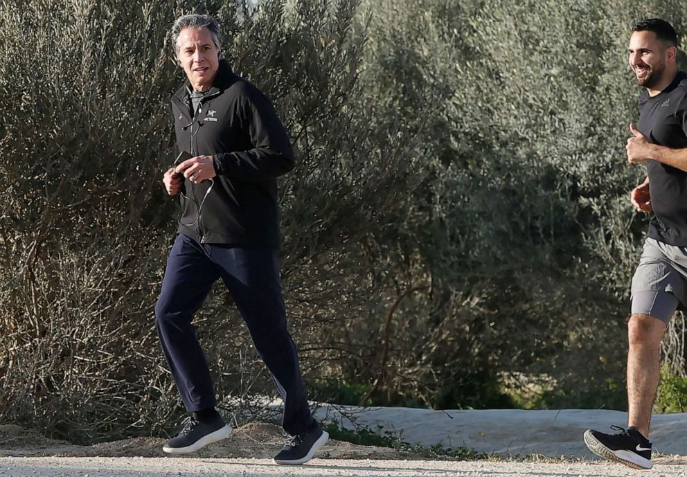 PHOTO: U.S. Secretary of State Antony Blinken jogs in the southern Negev desert on March 28, 2022.