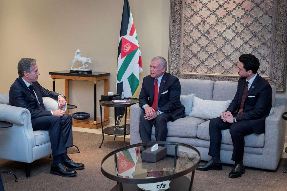 PHOTO: Jordan's King Abdullah II and Crown Prince Hussein meet with U.S. Secretary of State Antony Blinken in Amman, Jordan, Nov. 4, 2023.