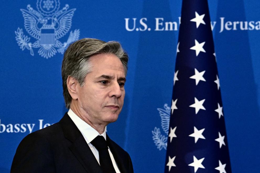 PHOTO: U.S. Secretary of State Antony Blinken arrives at a press conference in Tel Aviv on Jan. 9, 2024, during his weeklong trip aimed at calming tensions across the Middle East.