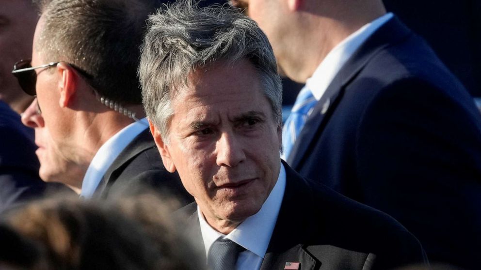 PHOTO: U.S. Secretary of State Antony Blinken looks on as he arrives at Vilnius airport on the eve of a NATO leaders summit in Vilnius, Lithuania, July 10, 2023.