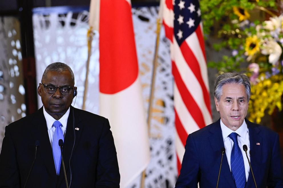 PHOTO: US Secretary of Defense Lloyd Austin and US Secretary of State Antony Blinken attend a press conference at the Iikura Guest House in Tokyo on July 28, 2024. 