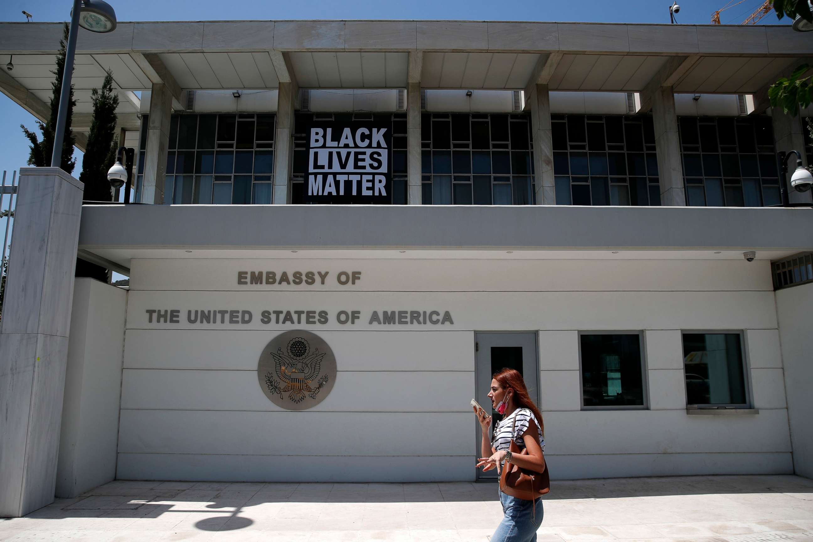 PHOTO: A Black Lives Matter banner, marking the one-year anniversary of the killing of George Floyd by a Minneapolis police officer, hangs from the U.S. Embassy in Athens, May 25, 2021.