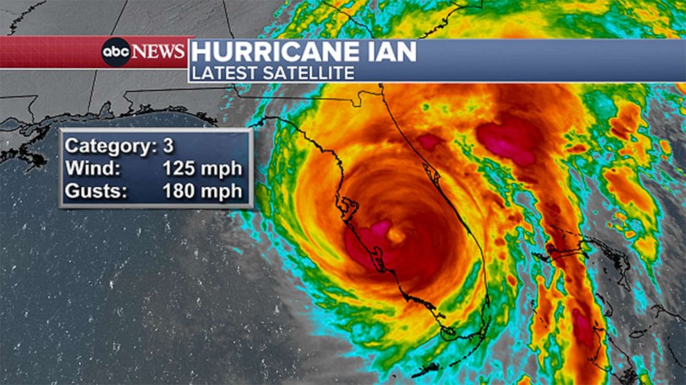 PHOTO: Hurricane Ian is downgraded to a Category 3 storm in a satellite image graphic released at 7pm, Sept. 28, 2022.