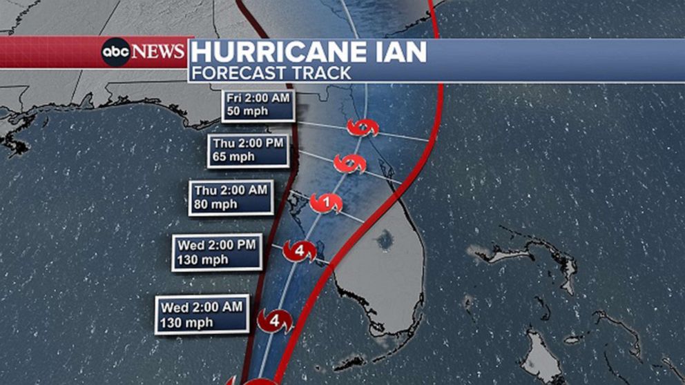 PHOTO: Forecast track of Hurricane Ian through Florida is shown in a weather graphic released early morning, Sept. 28, 2022.