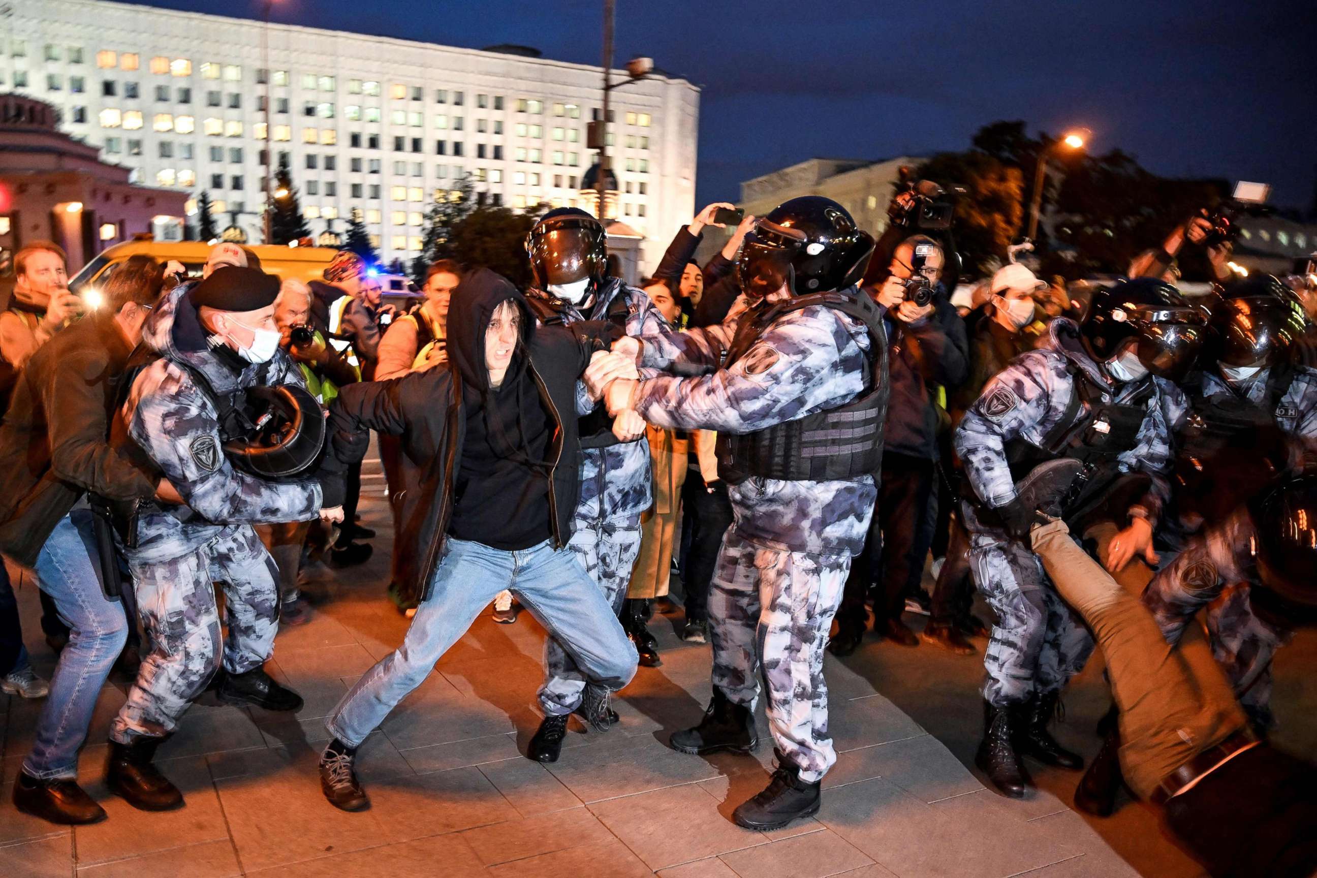PHOTO: Police officers detain a man during a protest against partial mobilization announced by President Vladimir Putin in Moscow, Sept. 21, 2022.