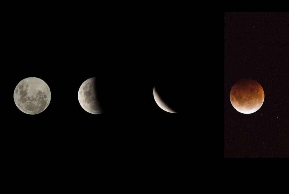 PHOTO: This combination of pictures shows the moon in various stages of the Super Blood Moon total lunar eclipse in Christchurch, New Zealand, May 26, 2021.