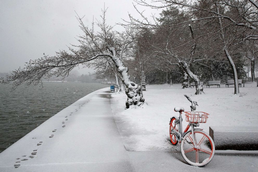 PHOTO: Snow falls on a lone bicycle and cherry blossom trees at the tidal basin, March 21, 2018, in Washington D.C. during a snowstorm on the second day of Spring.