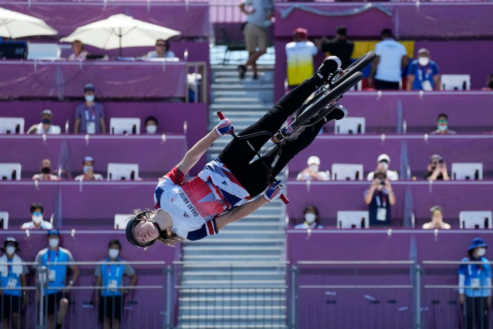 PHOTO: Charlotte Worthington of Britain competes in the women's BMX freestyle final at the 2020 Summer Olympics, Aug. 1, 2021, in Tokyo, Japan.