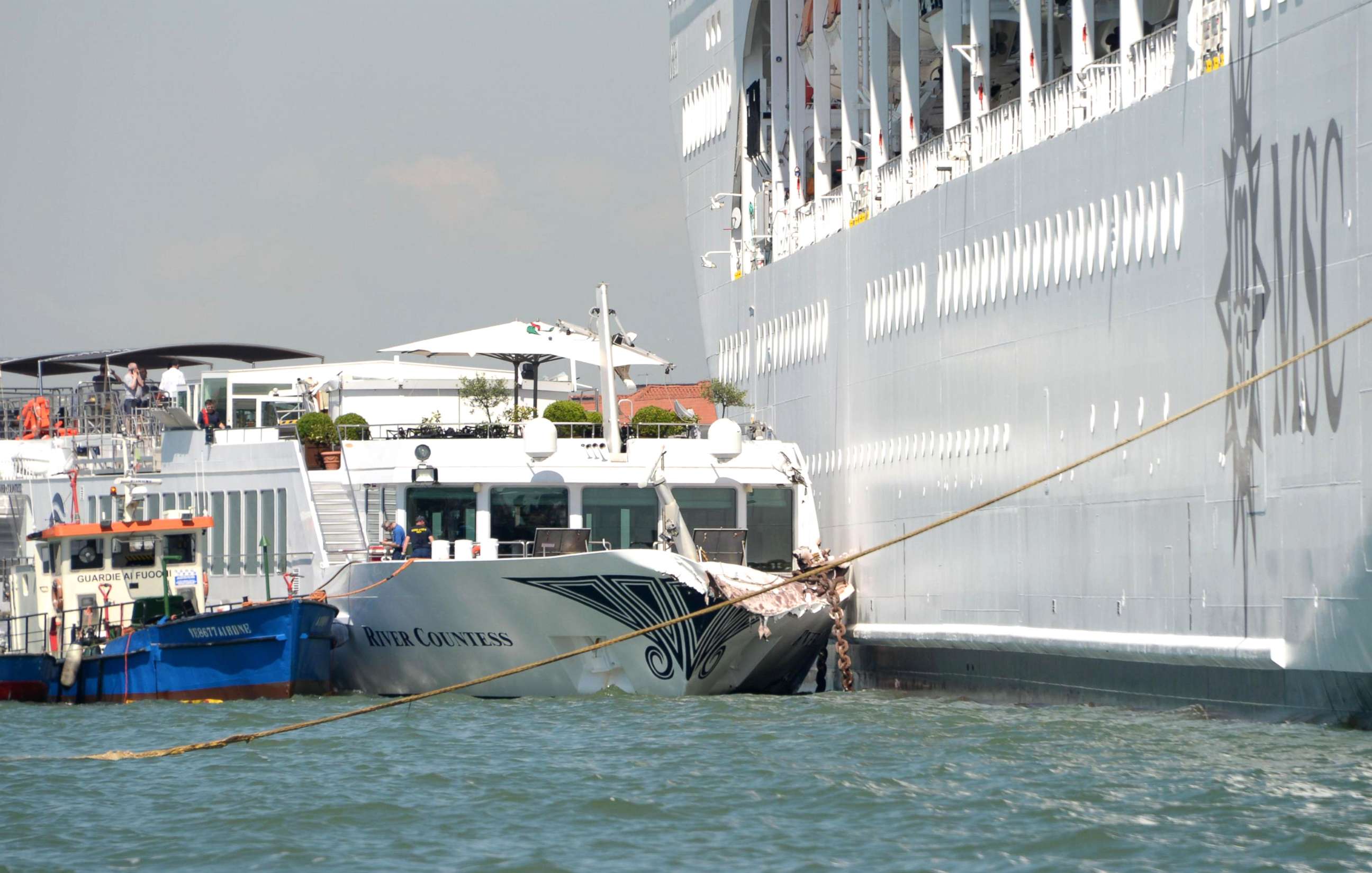 PHOTO: The cruise ship MSC Opera (R) is seen after the collision with a tourist boat, in Venice, Italy, June 2, 2019. 