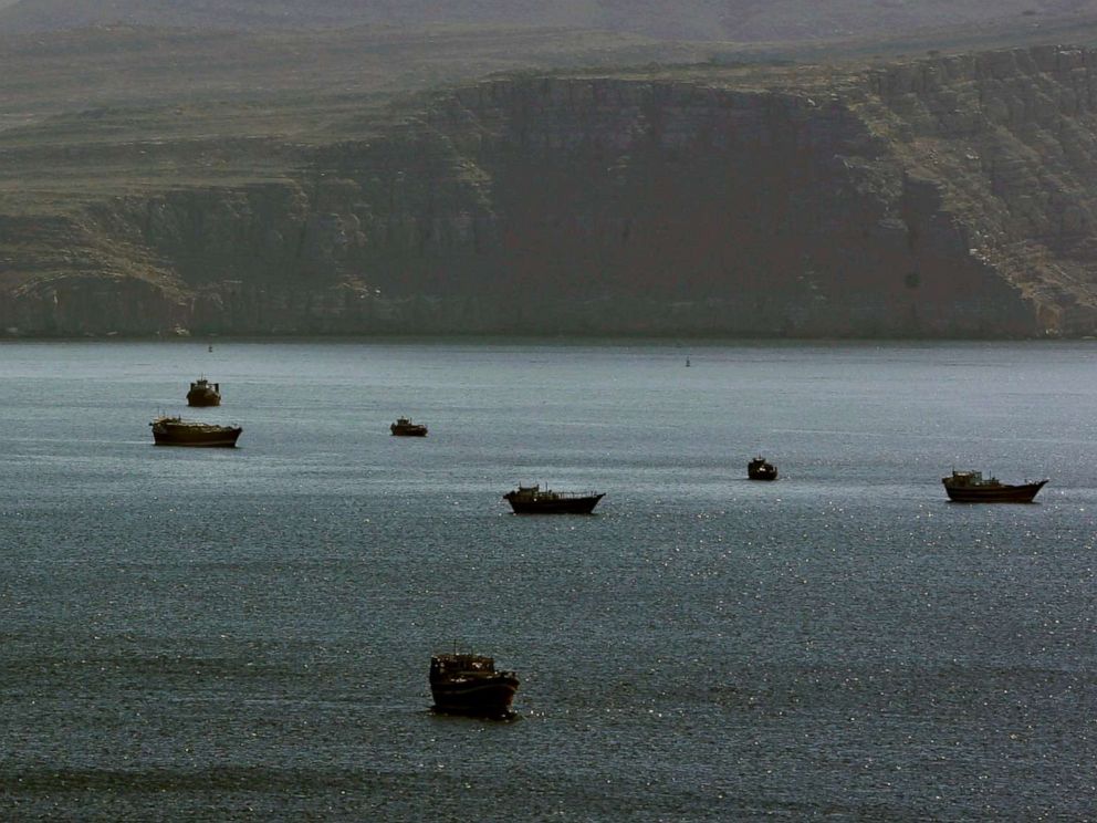 PHOTO: Trading dhows and ships are docked on the Persian Gulf waters shut to town of Khasab, in Oman, Jan. 19, 2012.