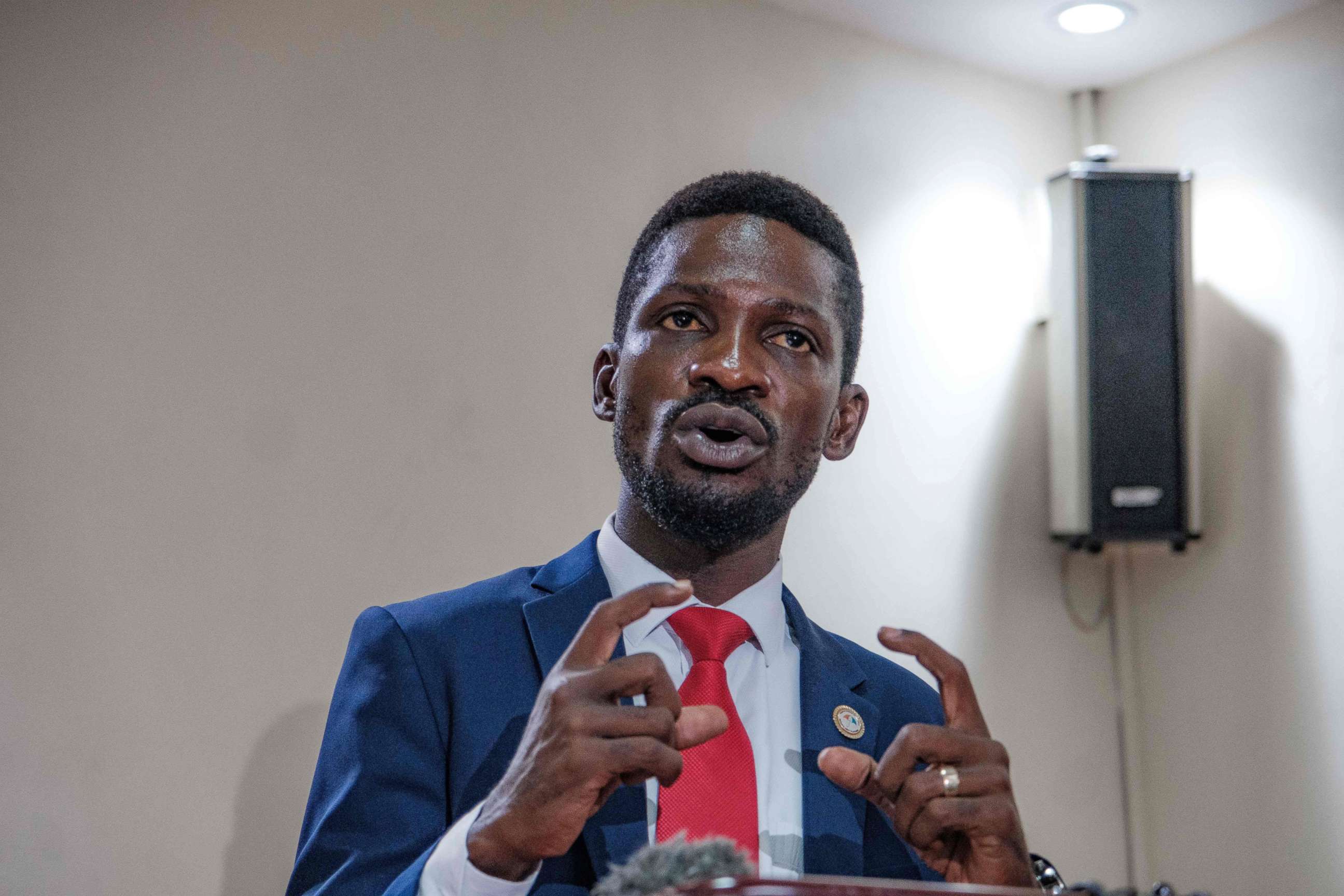 PHOTO: Musician turned politician Robert Kyagulanyi, aka Bobi Wine, also a presidential candidate in the upcoming elections, speaks during a press conference in Kampala, Uganda, Jan. 12, 2021.