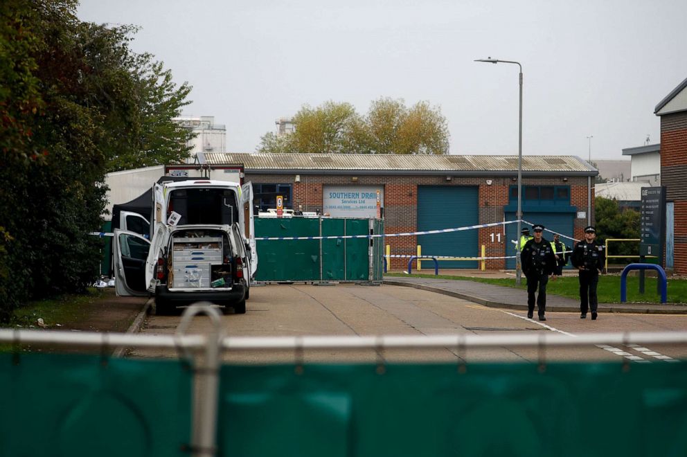 PHOTO: Police officers at the scene where bodies were discovered in a lorry container, in Grays, Essex, Britainm Oct. 23, 2019.