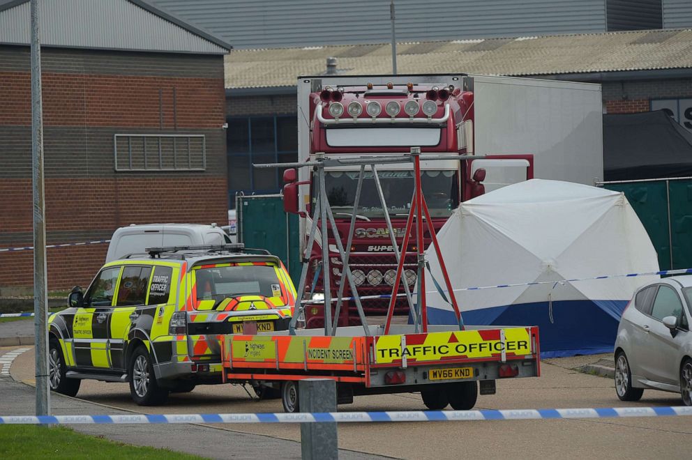 PHOTO: Police officers at the scene where bodies were discovered in a lorry container, in Grays, Essex, Britain, Oct. 23, 2019.