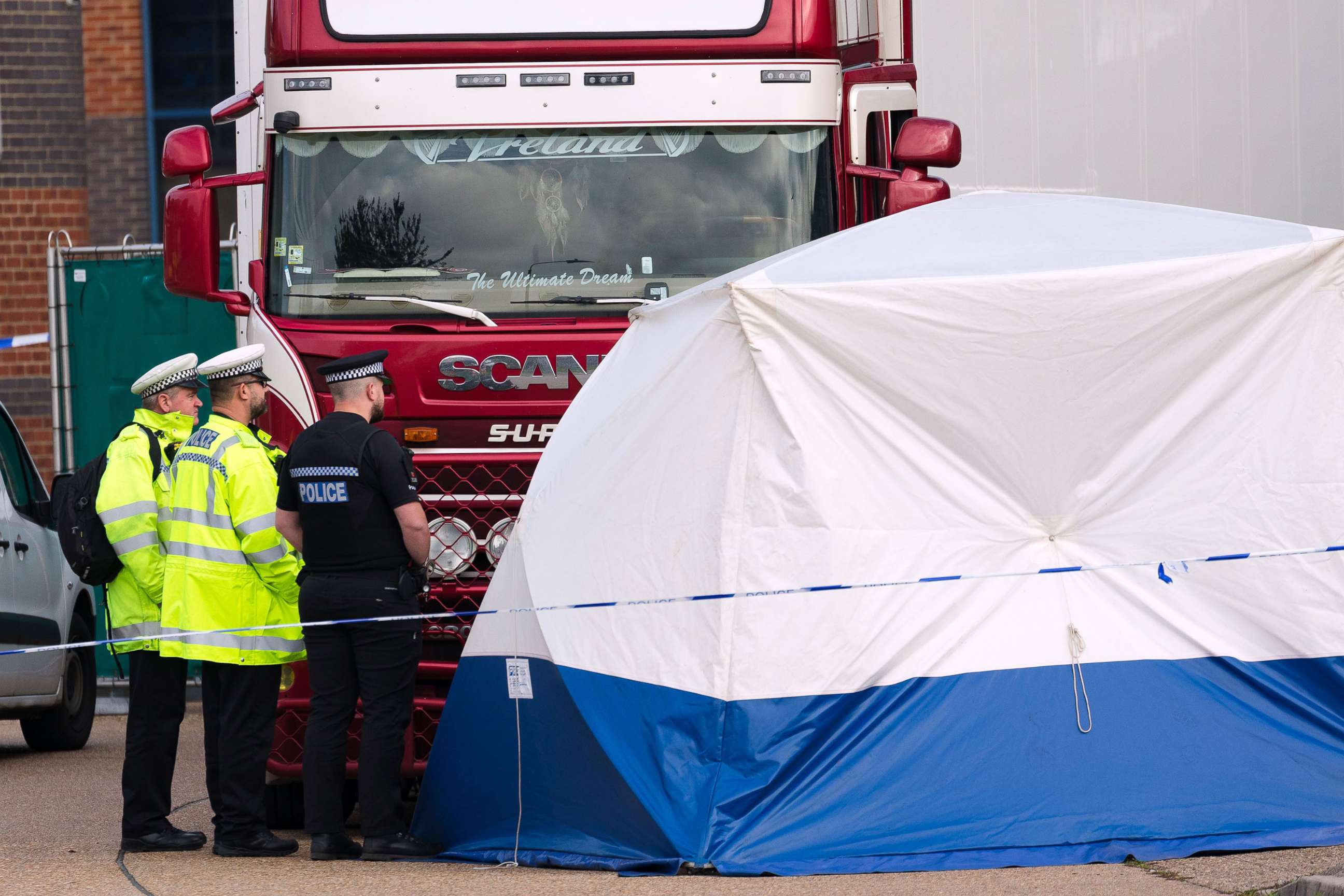 PHOTO: Police at the scene with the lorry at Waterglade Industrial Park in Grays, Essex, Britain, Oct, 23, 2019.