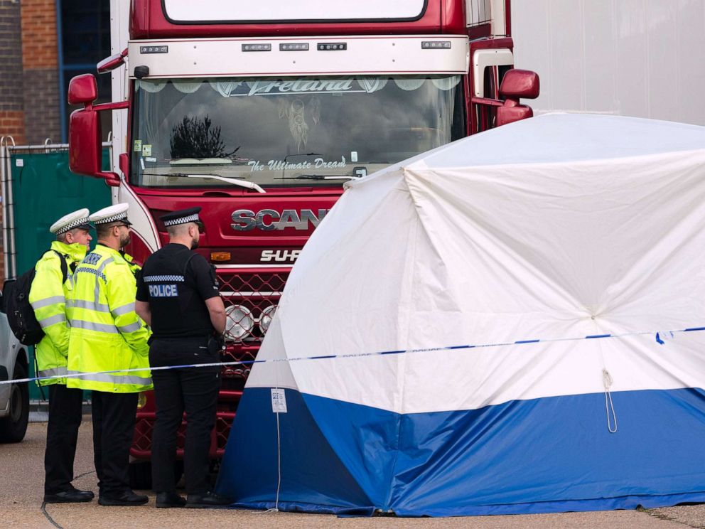 PHOTO: Police at the scene with the lorry at Waterglade Industrial Park in Grays, Essex, Britain, Oct, 23, 2019.