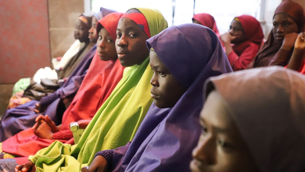 PHOTO: Released Nigerian school girls who were kidnapped from their school in Dapchi, in the northeastern state of Yobe, wait to meet the Nigerian president at the Presidential Villa in Abuja on March 23, 2018.