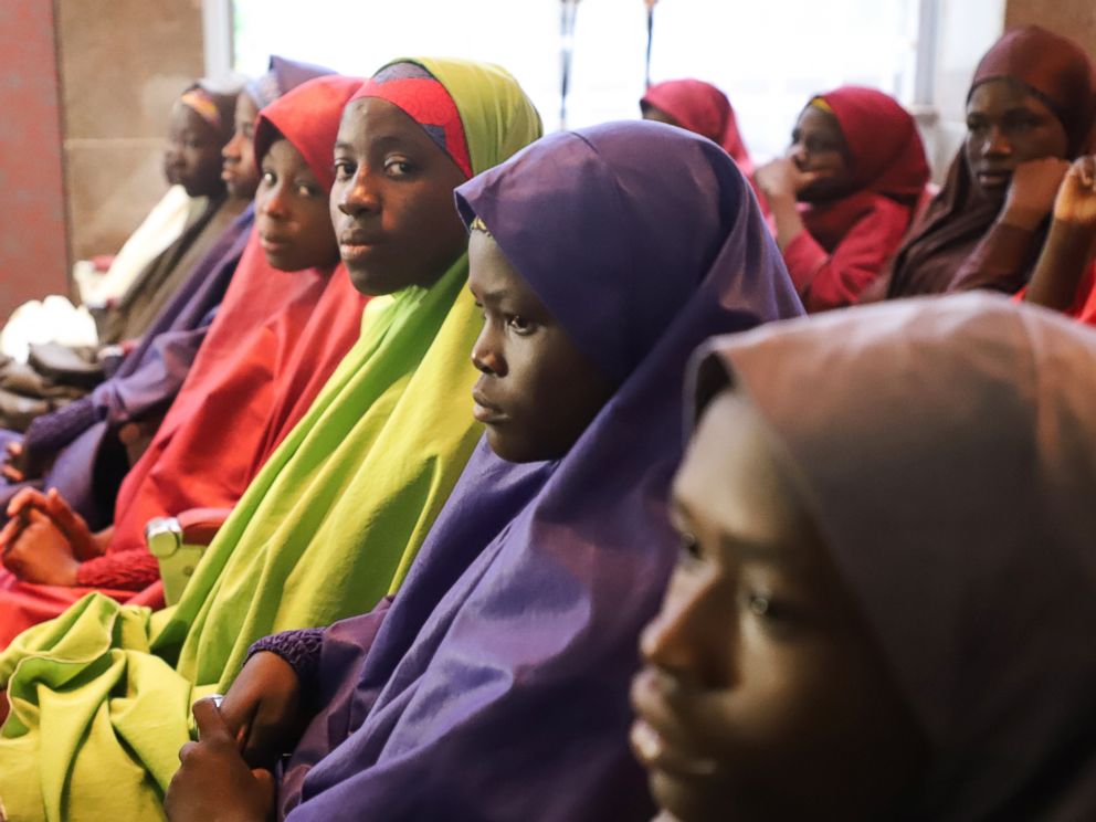 PHOTO: Released Nigerian school girls who were kidnapped from their school in Dapchi, in the northeastern state of Yobe, wait to meet the Nigerian president at the Presidential Villa in Abuja on March 23, 2018.