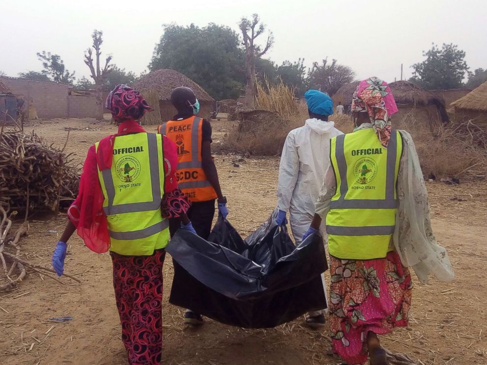 PHOTO: Rescue workers carry a body of a victim following a suicide attack by Boko Haram Islamic extremists in Maiduguri, Nigeria, April 2, 2018.