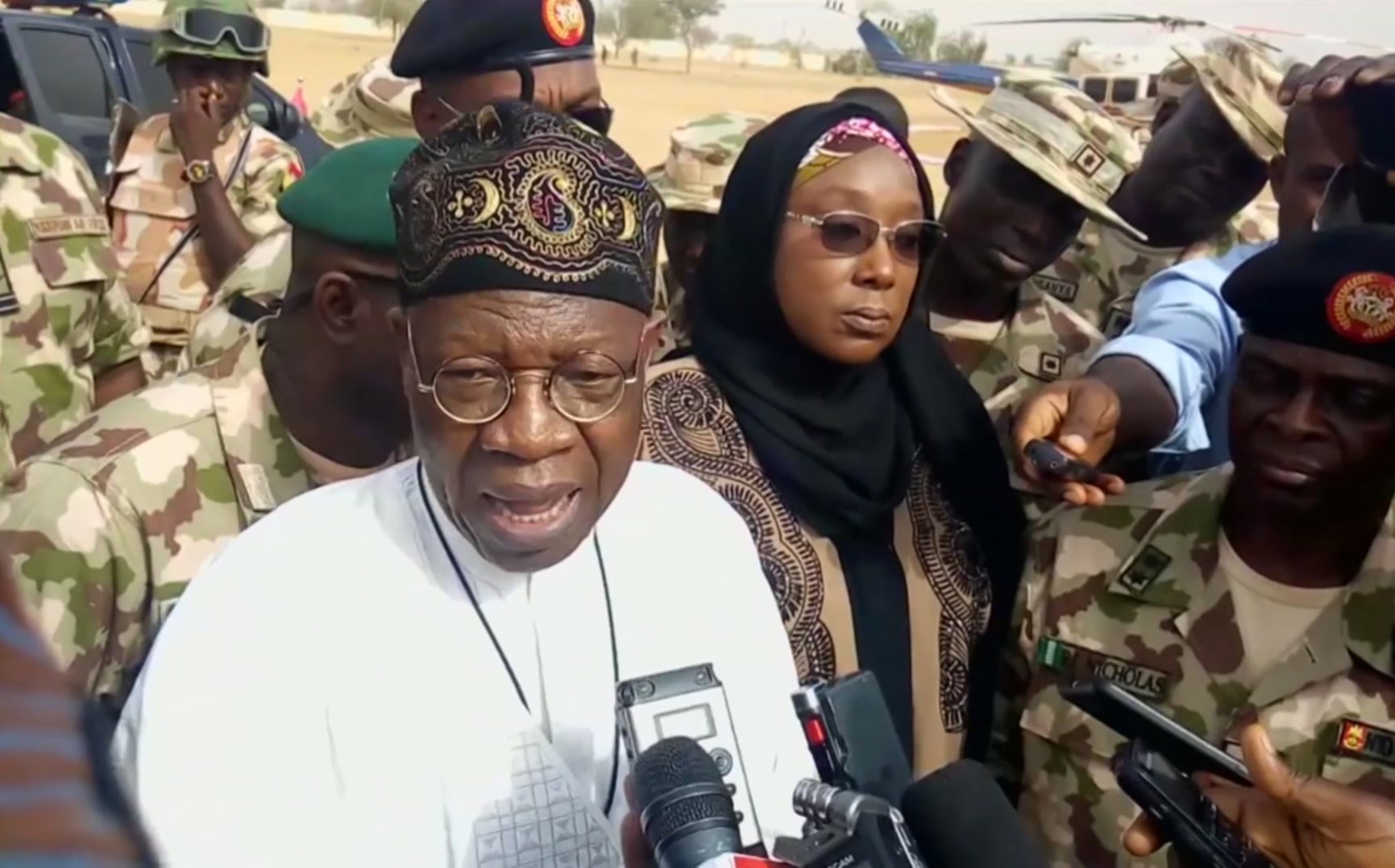 PHOTO: In this image taken from video, Lai Muhammed, Nigerian Minister of Information, speaks to the media in Dapchi, Yobe State, Nigeria, Feb. 22, 2018. 