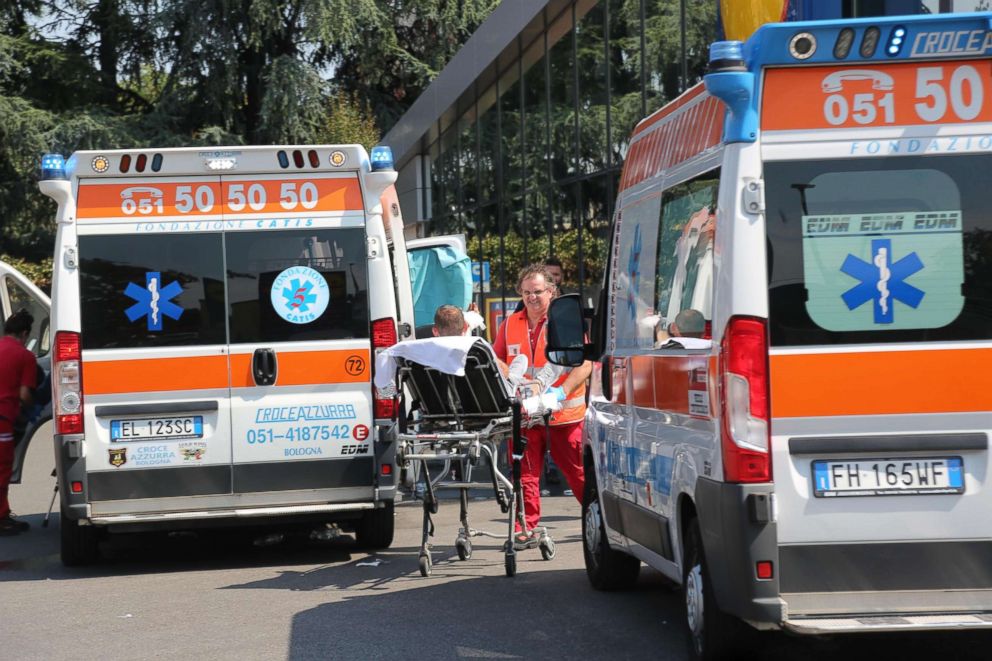 PHOTO: Emergency services move an injured person on a stretcher following a road accident near Bologna, 
Italy, Aug. 6, 2018.