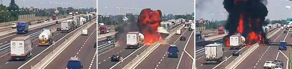 PHOTO: This handout combination photo  made available by Autostrade per l'Italia, of three frames, taken by cameras, shows the moment of the impact and the consequent explosion in Bologna, Italy, Aug. 06, 2018.