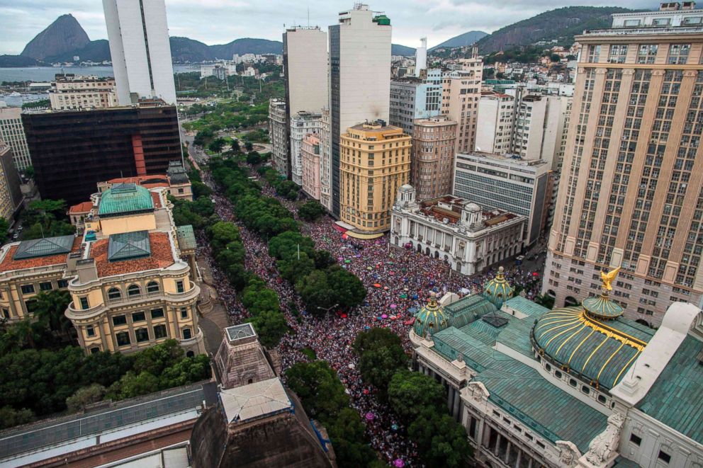 PHOTO: Aerial view of Cinelandia square in Rio de Janeiro, Brazil where women gathered to protest against Brazilian right-wing presidential candidate Jair Bolsonaro, Sept. 29, 2018.