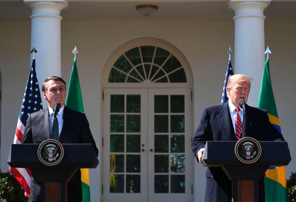 PHOTO: President Donald Trump takes part in a joint press conference with Brazil's President Jair Bolsonaro in the Rose Garden at the White House on March 19, 2019, in Washington, D.C.