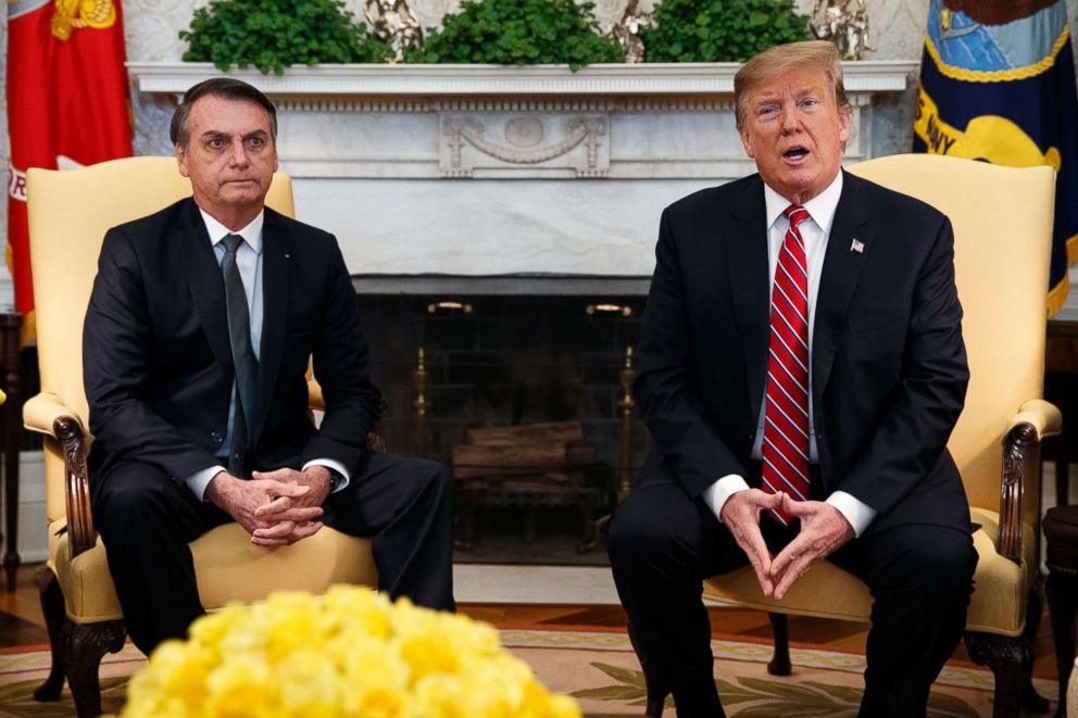 PHOTO: President Donald Trump speaks during a meeting with Brazilian President Jair Bolsonaro in the Oval Office of the White House, March 19, 2019.