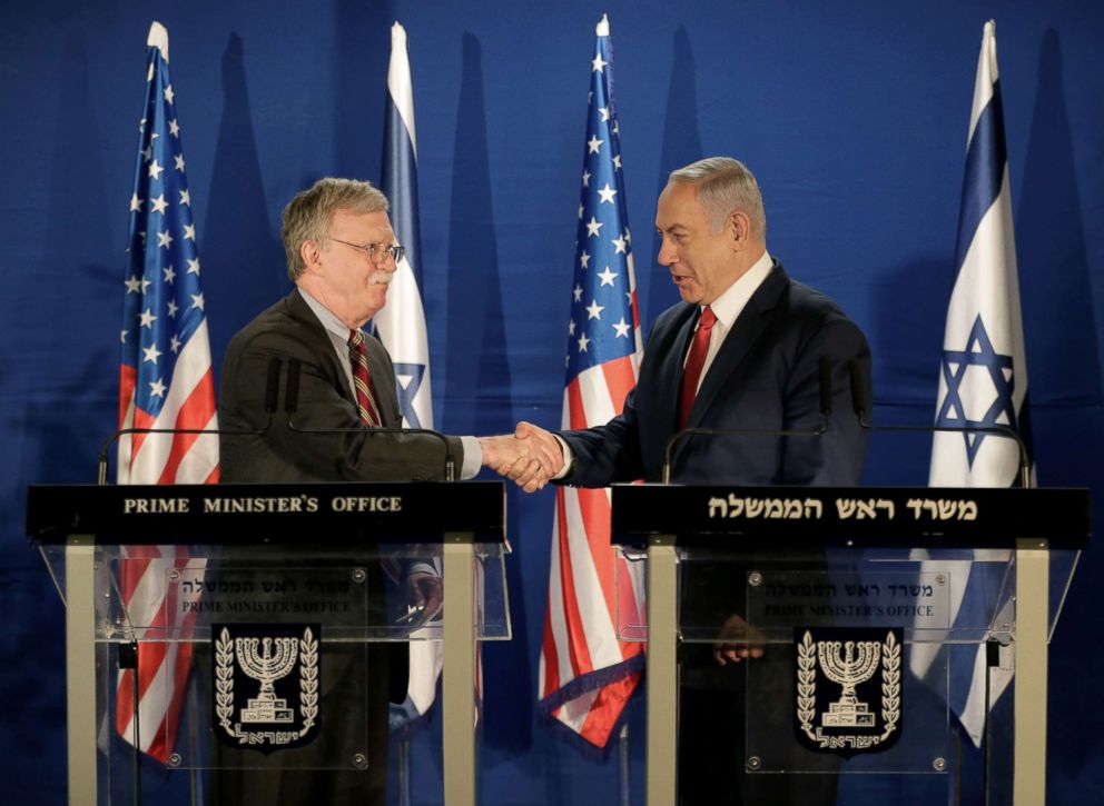 PHOTO: National Security Adviser John Bolton shake hands with Israeli Prime Minister Benjamin Netanyahu in Jerusalem, Jan. 6, 2019.