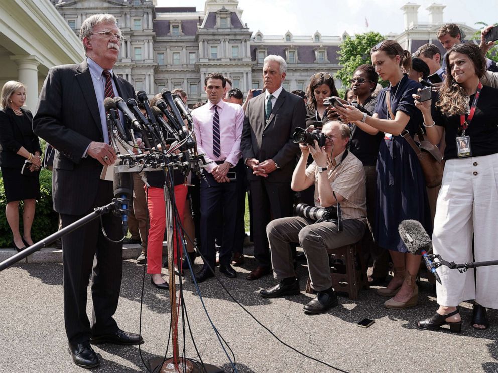 PHOTO: White House National Security Advisor John Bolton talks to reporters outside of the White House, April 30, 2019, about the security and political turmoil in Venezuela.